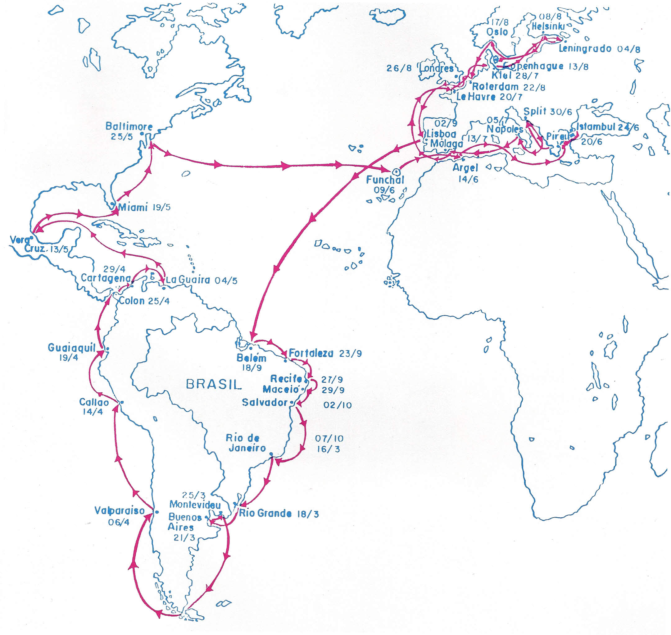 Mapa do itinerário da II Viagem de Instrução de Guardas-Marinha de 1988, a bordo do Navio-Escola Brasil