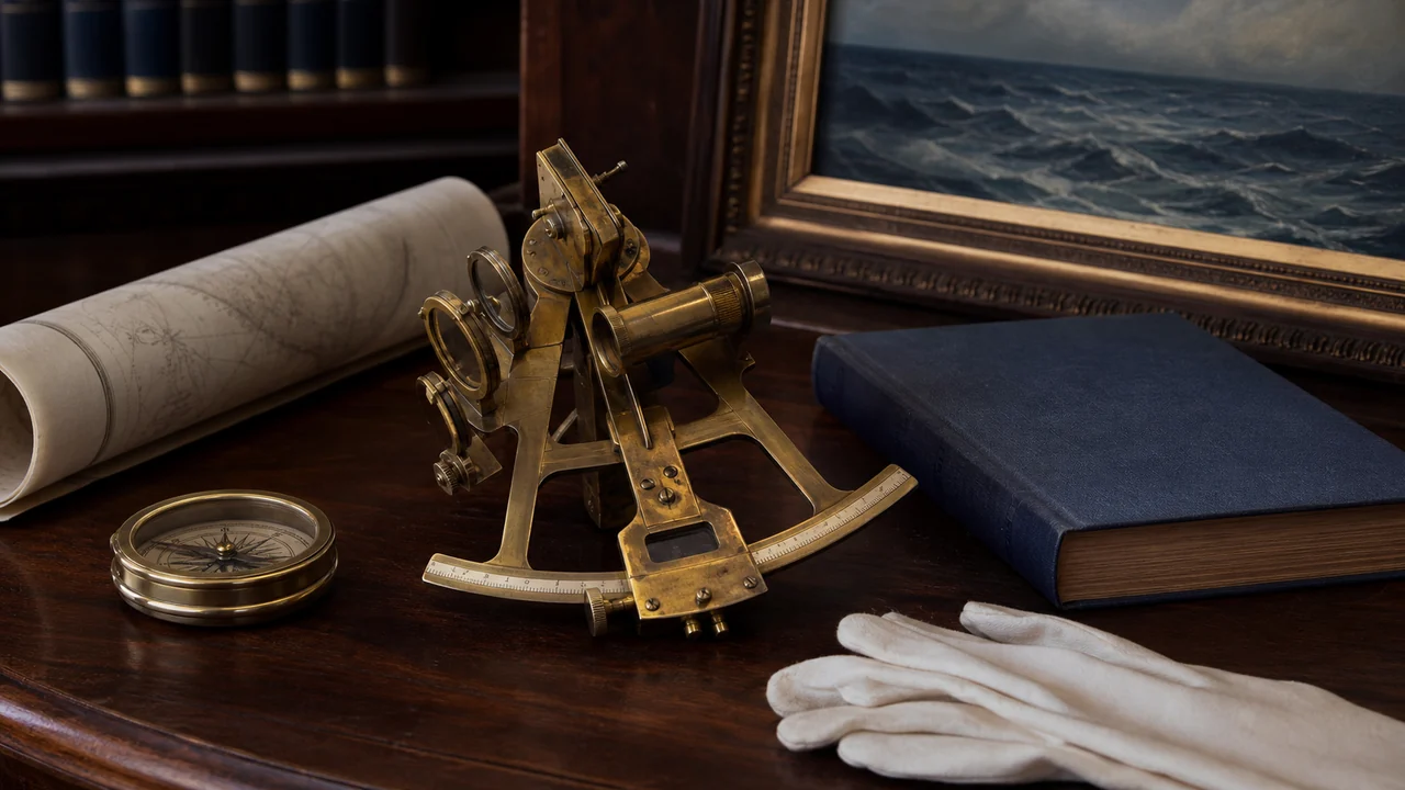Sextante, bússola, carta náutica e livro preservados como acervo histórico naval