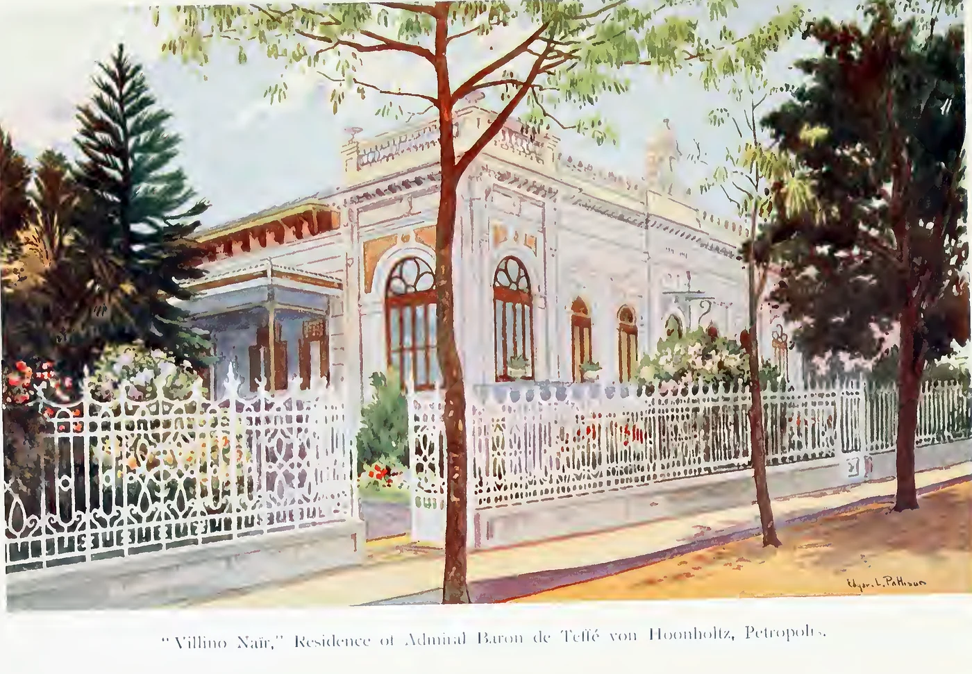 Aquarela do Villino Nair: casa térrea de fachada clara, com janelas em arco, gradil branco rendilhado e árvores na calçada da Rua Silva Jardim, em Petrópolis